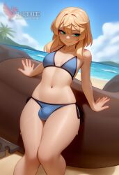 1boy 2d ai_generated ass bangs barefeet big_ass bikini blonde_hair bulge erection erection_under_clothes erophoenix feet full_body green_eyes looking_at_viewer looking_back male male_focus navel nude otoko_no_ko pale_skinned_male patreon_username penis sitting smile soles solo solo_male sweat swimsuit thick thick_thighs toes uncensored