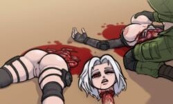 1girls 2boys ass bisected blood blood_on_penis blood_pool blood_puddle blood_stain breasts corpse dead death decapitated decapitated_head female female_death gore grabbing_breasts groping_breasts guro gurochanop gutfuck guts intestinal_penetration intestines large_ass large_breasts male military_uniform neck_fucking necrophilia one_eye_closed open_mouth original original_character partially_clothed penis red_eyes reverse_blowjob ribcage severed_head slightly_open_mouth snuff straight throat_fuck white_hair