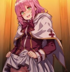 ai_generated blush female female_only green_eyes happy kaifuku_jutsushi_no_yarinaoshi lifting_skirt norn_clatalissa_jioral pink_hair pixai pixiv provocative redo_of_healer shiokonbu shiokonbu_art_style short_hair showing_pussy teenager