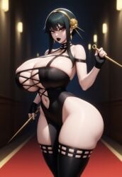 1girls adapted_costume ai_generated areola bare_hips bare_shoulders bimbo bimbo_body bimbofication bimbofied black_hair breasts breasts_bigger_than_head carpet colored_nails cross-laced_clothes cross-laced_dress dress earrings eyeshadow female fingerless_gloves hairband holding_object holding_weapon hourglass_figure huge_ass huge_breasts indoors lipstick long_nails makeup mansion massive_breasts navel navel_cutout night novelai pelvic_curtain red_eyes serious serious_look skindentation solo solo_female spy_x_family straps tgm101_(artist) thick_lips thick_thighs thighhighs thin_waist three-quarter_portrait weapon whore wide_hips yor_briar yor_forger