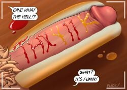 absurd_res anthro big_penis bird_dog camera camera_hud camera_view cane_(flicklock) canid canine canis dialogue domestic_dog flicklock food foreskin genitals golden_retriever hi_res hot_dog hot_dogging hunting_dog ketchup male mammal mustard penis penis_tip pubes retriever sex solo speech_bubble stuffing uncircumcised vein veiny_penis