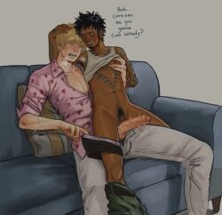 1boy 1cuntboy armpit_hair big_penis black_hair blonde_hair blush breath chest_tattoo clitoris cuntboy dark-skinned_cuntboy donquixote_rosinante english_text erect_clitoris erection facial_hair foreskin goatee grinding grinding_on_penis hand_on_another's_head happy_trail huge_penis intersex light-skinned_male long_sideburns male male_on_cuntboy mti_crossgender one_piece pants_down partially_retracted_foreskin pec_grab penis penis_out precum precum_drip pubic_hair pussy retracted_foreskin scars shirt_up sideburns sleeves_rolled_up smile sofa splunkydunk sweat tattoo tattoos teasing trafalgar_law uncensored uncircumcised