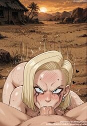 1boy :>= ai_female ai_generated android_18 ass blonde_hair blue_eyes blush breasts clothing completely_nude day deepthroat dirty dragon_ball dragon_ball_z earrings english_language english_text fellatio female heart jewelry jousneystudio large_breasts large_penis light-skinned_female lipstick_mark looking_at_viewer makeup male nude oral outdoors palm_tree penis rolling_eyes runny_makeup saliva sex short_hair sky solo_focus straight sun sunset sweat tears text tree veins veiny_penis