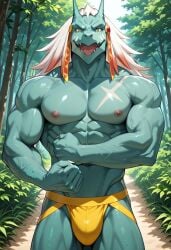 abs ai_generated biceps blush flexing forest gay goblin_slayer green_skin jockstrap jockstrap_only lizard_priest looking_at_viewer male male_only muscular muscular_male nipples nude_male pecs scalie smile toned_body toned_male twall97 white_hair yellow_eyes