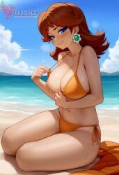 1girls 2d ai_generated bangs bare_shoulders barefoot beach bikini bikini_bottoms blue_eyes breasts brown_hair cleavage crown earrings erophoenix feet jewelry large_ass large_breasts long_hair looking_at_viewer mario_(series) nintendo nipple ocean outdoors pale_skinned_female patreon_username princess_daisy sitting smile solo strap_slip super_mario_bros. super_smash_bros. sweat toes uncensored undressing v_arms