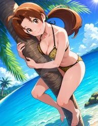 2025 4kids_entertainment ai_generated anime beach belly brown_eyebrows brown_eyes brown_ponytail climbing_tree delia_ketchum_(pokemon) deviantart elryusam looking_at_viewer meta nintendo not_porn pink_cheeks pokemon smile_at_viewer smiling_at_viewer tiger_bikini tummy wet_bikini wet_body wet_skin