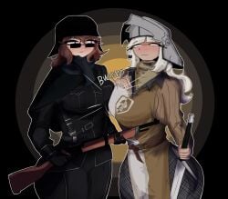 2024 2girls :3 aschazm belt black_belt black_cape black_clothing black_coat black_gloves black_helmet black_pants black_sleeves blonde_hair blue_scarf blush breast_press breasts breasts_to_breasts brown_belt brown_hair cape chainmail chainmail_coif clothed clothed_female clothing coat eyebrows eyebrows_visible_through_hair female female_only fully_clothed fully_clothed_female gambeson gloves golden_empire_(grave/digger) grave/digger grey_helmet gun half-closed_eyes hand_on_own_breast helmet holding_gun holding_sword light-skinned_female light_skin long_hair long_sleeves looking_at_each_other medium_breasts military_uniform onomatopoeia pants pockets purple_eyes rifle roblox roblox_game robloxian royal_nation_(grave/digger) scarf simple_background sleeves slight_blush smug smug_face soldat_(grave/digger) stahlhelm standing surcoat sword two_tone_clothing visor_(armor) visor_(helmet) visor_helmet webbing white_clothing yellow_clothing yellow_eyes yellow_scarf yellow_sleeves