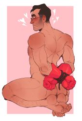 arms_behind_back bara big_pecs blush chest_hair dirtyratchet from_behind gloves gloves_only kneeling large_pectorals leg_hair medic medic_(team_fortress_2) muscular muscular_male naked_gloves nude older_male team_fortress_2 tied_up