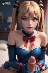 1boy 1boy1girl 1girls ai_generated artist_name bare_shoulders black_ribbon blonde_hair blue_eyes blue_one-piece_swimsuit bow breasts choker cleavage clothed_female_nude_male dead_or_alive dead_or_alive_5 dead_or_alive_5_last_round dead_or_alive_6 detached_sleeves dress elbow_gloves erection frilled_one-piece_swimsuit frills gloved_handjob gloves hair_ornament hair_ribbon handjob hi_res indoors lips long_hair looking_at_viewer marie_rose one-piece_swimsuit parted_lips penis pov precum r34arts ribbon solo_focus straight swimsuit twintails uncensored veins veiny_penis x_hair_ornament