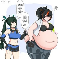 2females 2girls belly belly_button big_belly bikini black_bikini donut duo duo_female duo_focus english_text exposed_fat_belly fat fat_female fat_girl fat_woman female female_focus female_only hoyoverse light-skinned_female light_skin mihoyo mihoyo_technology_(shanghai)_co._ltd. morbidly_obese overweight qingyi_(zenless_zone_zero) standing text thick_thighs thighs weight_gain weight_gain_female wide_hips zenless_zone_zero zhu_yuan