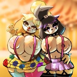 2anthro 2girls 4_fingers animal_crossing anthro anthro_only big_breasts black_hair blonde_female blonde_hair blurred_background breast_bigger_than_head breasts canine canine_humanoid clone clown clown_girl clown_makeup collar dog_girl female female_only frown frowning_at_viewer goth goth_clown goth_version gothabelle hand_on_hip hourglass_figure hourglass_figured_female huge_breasts isabelle_(animal_crossing) large_breasts makeup nemiyakii nintendo nipples polka_dot polka_dot_skirt same_girl side_to_side simple_background skirt slightly_chubby slightly_chubby_anthro slightly_chubby_female smiling smiling_at_viewer spiked_collar spiky_hair suspenders suspenders_on_breasts thighhighs top_heavy voluptuous voluptuous_female waving_at_viewer yellow_eyes