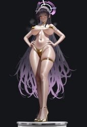1girl ai_generated blue_archive dark-skinned_female dark_skin embarrassed female female_only female_solo gold_bikini golden_bikini hands_on_own_hips high_heels karin_(blue_archive) large_breasts micro_bikini thigh_strap