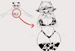 1boy 1girls 2024 aschazm belly_button betty_(aschazm) big_breasts black_sclera bottle bra breasts choker clothed_male cow_ears cow_print cow_print_bikini cow_print_thighhighs eye_patch female female_focus glasses holding_bottle holding_object male milk_bottle panties partially_clothed_female partially_colored roblox robloxian short_hair simple_background sketch smile stomach thick_thighs thighhighs thighs unnamed_character white_sclera