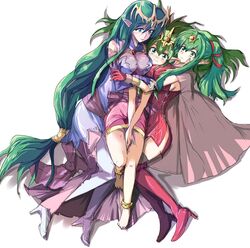 3girls anklet aqua_eyes barefoot blue_eyes blush boots breasts cape cleavage cloak clothing dual_persona echizen_(hvcv) elbow_gloves feet female fire_emblem fire_emblem:_mystery_of_the_emblem fire_emblem:_new_mystery_of_the_emblem fire_emblem:_shadow_dragon fire_emblem:_shadow_dragon_and_the_blade_of_light fire_emblem_awakening girl_sandwich gloves green_eyes green_hair group_hug happy high_heels holding hug jewelry large_breasts long_hair mamkute manakete multiple_girls nagi_(fire_emblem) nintendo pointed_ears ponytail sandwiched shoes short_shirt simple_background smile thigh_boots thighhighs thighs tiara tied_hair tiki_(adult)_(fire_emblem) tiki_(fire_emblem) tiki_(young)_(fire_emblem) time_paradox v_arms very_long_hair white_background yuri zettai_ryouiki_sex_royale