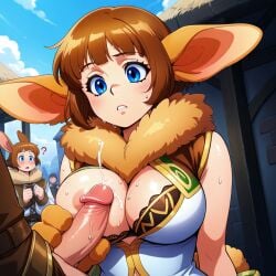 ai_generated ai_generated_background animal_hands blue_eyes bra_peek brown_hair bunny_ears bunny_girl chrono_(series) chrono_cross cum_on_breasts holding_penis janice_(chrono_cross) large_breasts neck_tuft penis penis_to_nipple public