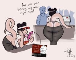 2025 annoyed anthro ass big_butt blowing_bubble_gum bored bottomwear breasts canid canine canis cashier cellphone chewing_gum clothed clothing colored countertop customer customer_and_employee customer_service digital_drawing_(artwork) digital_media_(artwork) domestic_dog electronics english_text fast_food_restaurant female fur group hair hair_bun hi_res huge_butt male mammal mole_on_butt multiple_scenes pants perfecthorizon phone reptile restaurant scalie serpentine shaded shirt signature simple_background snake t-shirt tail text thick_thighs topwear wide_hips widescreen yoga_pants youtube_thumbnail