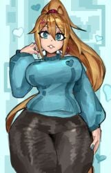 1girls ass blonde_hair blue_eyes blue_nails earrings eyeshadow female hand_on_breast hand_on_hip heart-shaped_pupils hip_grab hips long_hair looking_at_viewer looking_down metroid nintendo painted_nails ponytail saiykik samus_aran sweater thick_ass thick_thighs thighs white_skin zero_suit_samus