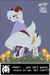1boy anal anal_sex anthro asriel_dreemurr asriel_dreemurr_(god_form) ass balls bodily_fluids bovid buttplug caprine clothed clothing dialogue digital_media_(artwork) exhibitionism flower fur genitals goat looking_at_viewer male male_only mammal object_in_ass ori_(artist) penetration penis plant plug_(sex_toy) sex_toy sex_toy_insertion simple_background solo undertale undertale_(series) white_body white_fur