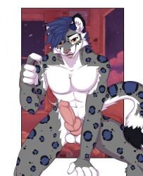 animal_genitalia anthro balls blep bodily_fluids felid furryn00k genital_fluids genitals gesture hair hand_gesture hi_res knot looking_at_viewer male mammal pantherine pointing precum sewo_(sewo10018) sheath smile snow_leopard solo suggestive suspicious tail tongue tongue_out trashdad