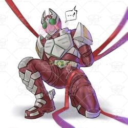 ! ... ...! 1boy after_orgasm armor armored_male arms_behind_back belt blush blush_lines blushing_through_mask bodily_fluids bondage cum cum_through_bodysuit diamond diamond_(shape) erect_penis erection erection_under_bodysuit green_eyes hands_behind_back heavy_blush heavy_breathing helmet kamen_rider kamen_rider_blade_(series) kamen_rider_garren kneeling male male_focus male_only mask masked masked_male masked_only mmmaao no_visible_face on_knee orgasm pixiv_id red_armor restrained restrained_arms ribbon ribbon_bondage ribbons sakuya_tachibana solo speech_bubble tied_up watermark