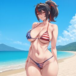 ai_generated american_flag american_flag_bikini ass ass_focus ass_up beach beach_background belly belly_button big_ass big_breasts bikini breasts dat_ass female flag_bikini flag_print horse_tail long_hair mogu-tyan new_eridu_public_security pawg zenless_zone_zero zhu_yuan