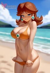 1girls 2d ai_generated bangs bare_shoulders barefoot beach bikini bikini_bottoms blue_eyes breasts brown_hair cleavage crown earrings erophoenix feet jewelry large_ass large_breasts long_hair looking_at_viewer mario_(series) nintendo nipple ocean outdoors pale_skinned_female patreon_username princess_daisy sitting smile solo strap_slip super_mario_bros. super_smash_bros. sweat toes uncensored undressing v_arms