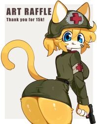 1girls 2025 art_raffle blue_eyes cat_ears cat_tail catgirl clothing female female_only fur furry furry_female furry_only gun helmet kat_kitt katie_(kat_kitt) orange_fur pistol tagme text