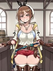 1girls ai_generated astralgazer atelier_(series) atelier_ryza bare_shoulders brown_hair camisole female female female_focus female_only gloves headwear large_breasts looking_at_viewer medium_hair necklace no_bra reisalin_stout short_shorts shorts smile solo steaming_body sweat sweatdrop thick_thighs thighhighs thighs