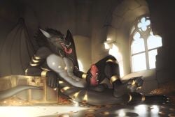 abs anklet anthro athletic balls barbel_(anatomy) blue_eyes bodily_fluids bracelet claws digital_drawing_(artwork) digital_media_(artwork) dragon erection fangs fluffyw0lf fur furred_dragon furred_scalie genitals glans hi_res horn humanoid_genitalia humanoid_penis inside jewelry lounging male masturbation membrane_(anatomy) membranous_wings muscular mythological_creature mythological_scalie mythology navel pawpads pecs penile penile_masturbation penis saliva saliva_on_tongue scalie solo sylar_blackwhitedragon tail teeth toe_claws tongue tongue_out treasure treasure_chest wings