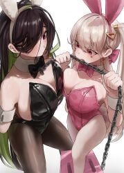 2girls alternate_costume animal_ears black_leotard breasts brown_hair chain_necklace chains commentary fake_animal_ears fake_tail female goddess_of_victory:_nikke green_hair guilty_(nikke) highres huge_breasts jackal_(nikke) jewelry large_breasts leotard long_hair multicolored_hair multiple_girls necklace o_o_k_i_n_a pantyhose pink_eyes pink_leotard playboy_bunny purple_eyes rabbit_ears rabbit_tail tail two-tone_hair very_long_hair white_background white_hair