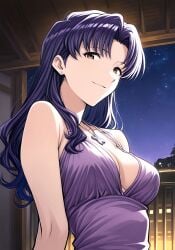 ai_generated bangs bare_shoulders blush breasts brown_eyes female female_only long_hair looking_at_viewer misato_katsuragi necklace neon_genesis_evangelion parted_bangs pendant purple_hair purple_shirt smile solo