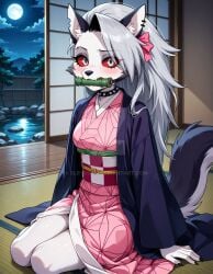 1girls 2025 ai_generated anime anthro bamboo black_dot_eyes blush crunchyroll demon_slayer deviantart elryusam female furry hellhound helluva_boss kimetsu_no_yaiba looking_at_viewer loona_(helluva_boss) meta nezuko_kamado not_porn pink_cheeks spiked_collar vivziepop white_eyes white_hair_female wolf wolf_girl youtube