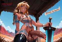 1boy ai_generated balls blonde_hair brown_body brown_eyes brown_hair brown_penis brown_skin choker comic comic_strip dark-skinned_femboy ear_piercing earrings english english_commentary english_dialogue english_text fat_cock femboy flat_chest high_resolution highres huge_cock ilfb long_hair long_penis looking_at_viewer looking_down male male_only more_at_source original original_character otoko_no_ko pantyhose penis penis_piercing poney pubic pubic_hair smile smiley_face smiling smiling_at_viewer solo solo_focus standing sword talking talking_to_viewer tattoo tattooed_arm tattoos testicles text text_box text_bubble trap veiny_penis yaoi