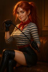 ai_generated boots clair_obscur:_expedition_33 female femdom freckle french_female haughty_face haughty_smile maelle_(clair_obscur:_expedition_33) no_nude red_hair whip