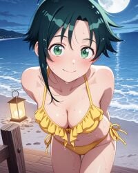 2025 ai_generated beach belly green_eyebrows green_eyes green_hair_female instagram looking_at_viewer meta mouth_closed not_porn pekoillust pink_cheeks smile_at_viewer smiling_at_viewer tummy unknown_character wet_bikini wet_body wet_skin yellow_bikini