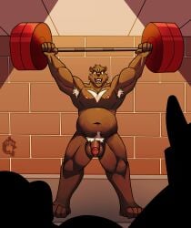 absurd_res anthro armpit_hair balls bear body_hair bulge chest_hair circumcised exercise flaccid genitals glans hi_res humanoid_genitalia humanoid_penis male male_anthro mammal musclegut muscular muscular_anthro muscular_male nipples nude nude_anthro nude_male penis pubes thekinkybear weightlifting workout