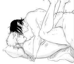 2boys anal anal_sex bandages bite_mark bite_marks blush completely_nude gay gintama gintoki_sakata implied_anal legs_up male male_only missionary_position monochrome no_visible_genitalia nude on_back scratches seal_strawberry side_view spot_color sweat takasugi_shinsuke yaoi