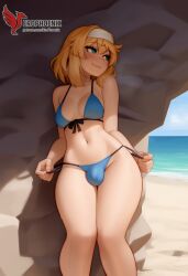 1boy 2d ai_generated ass bangs barefeet big_ass bikini blonde_hair bulge erection erection_under_clothes erophoenix feet full_body green_eyes looking_at_viewer looking_back male male_focus navel nude otoko_no_ko pale_skinned_male patreon_username penis sitting smile soles solo solo_male sweat swimsuit thick thick_thighs toes uncensored