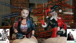 2boys 2girls 3d angry big_penis dc dc_comics dialogue faceless_male harley_quinn harley_quinn_(classic) harley_quinn_(injustice) harley_quinn_(suicide_squad_game) humor laughing penis_size_comparison pinching_gesture small_penis small_penis_humiliation throwingblue