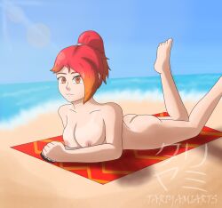 beach beach_towel belle_fontiere booty breasts hot meta_runner nude_female ocean patreon red_hair sexy_pose tariyamiarts thighs