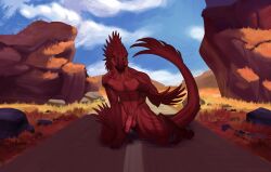 abs absurd_res anthro arm_feathers balls claws cliff daerevmiir dinosaur dromaeosaurid erection essenza facial_markings facial_tuft feathered_crest feathered_dinosaur feathered_scalie feathers fluffy foreskin genitals green_eyes head_crest head_markings hi_res humanoid_genitalia humanoid_penis kneeling male markings partially_retracted_foreskin penis prehistoric_species red_body reptile road rock savanna scales scalie sky smile smirk solo tail theropod tuft