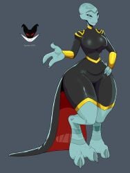 1girls alien alien_girl artist_request blue_eyes bodysuit breasts clothed clothing disney female grand_councilwoman lilo_and_stitch looking_at_viewer looking_back looking_down teeth thick_thighs tongue wide_hips wide_thighs