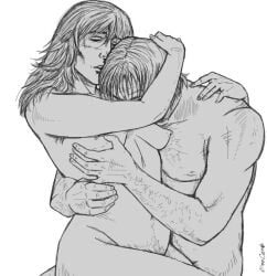 1boy 1girls aftercare anya_(mouthwashing) arm_around_head arm_around_partner arm_hair bee_cognito body_hair closed_eyes embrace embracing female hand_on_waist head_on_chest hugging hugging_partner jimmy_(mouthwashing) male monochrome mouthwashing mouthwashing_(game) pubic_hair sitting_on_lap tasteful_nudity white_background