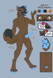 2022 5_fingers angry animal_genitalia animal_penis anthro arm_tattoo back_muscles balls big_penis biped black_body black_fur black_hair blue_hair blue_penis brown_body brown_eyes brown_fur canid canine canine_genitalia canine_penis canis character_name claws colored digitigrade domestic_dog english_text erection eyewear fight_(artist) finger_claws fingers front_view fur genitals german_shepherd glasses grey_background hair happy heart_symbol herding_dog hi_res highlights_(coloring) humanoid_hands knot knotted_penis looking_at_viewer male male_only mammal model_sheet multicolored_body multicolored_fur navel nude_anthro nude_male open_mouth open_smile pastoral_dog pawpads paws pecs penis rear_view savvy_griezmann sheath simple_background smile sofko_(artist) solo tail tattoo text toe_claws tongue two_tone_body two_tone_fur vein veiny_penis wrist_tattoo