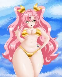 1girl 1girls artist_request beauty_mark bikini female golden_bikini golden_bikini_bottom golden_bikini_top green_eyes green_eyes_female gyaru long_hair long_hair_female looking_at_viewer nicole_demara pink_hair pink_hair_female solo solo_female tagme thick_thighs unknown_artist zenless_zone_zero