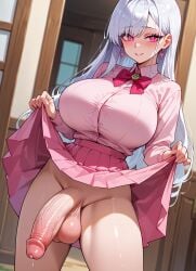 ai_generated ballsack big_penis dripping_cum futanari lifting_skirt pink_eyes smug white_hair