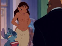 2boys accurate_art_style big_nose brown_eyes brown_hair cobra_bubbles dark-skinned_female disney edit female female_focus hands_on_hips human lilo_and_stitch long_hair loodncrood male medium_breasts nani_pelekai realistic_breast_size screenshot_edit solo_focus stitch topless
