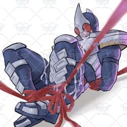 1boy ankles_tied ankles_tied_together armor armored_male arms_behind_back bodily_fluids bondage bukkake cum cum_on_body cum_on_face cum_on_helmet cum_on_mask hands_behind_back helmet kamen_rider kamen_rider_blade kamen_rider_blade_(series) kazuma_kenzaki looking_down looking_down_at_self male male_focus male_only mask masked masked_male masked_only mmmaao no_visible_face on_back on_ground pixiv_id red_eyes restrained ribbon ribbon_bondage ribbons solo spade_(shape) tied tied_ankles tied_up watermark