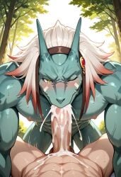 abs ai_generated biceps big_penis blowjob blush cum cum_in_mouth deepthroat ejaculation erection forest gay goblin_slayer green_skin lizard_priest looking_at_viewer male male/male male_only muscular muscular_male nipples nude_male pecs penis penis_in_mouth scalie smile toned_body toned_male twall97 white_hair wink winking yellow_eyes