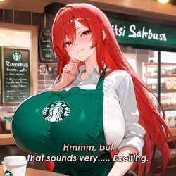 1girls 2025 ai_generated barista big_breasts breast_expansion breast_focus breasts_bigger_than_head breasts_out breasts_out_of_clothes clothed clothed_female comic dialogue expansion expansion_sequence female gigantic_breasts huge_breasts job lactation light_skin light_skinned_female red_hair red_hair_female talking_to_another work_uniform